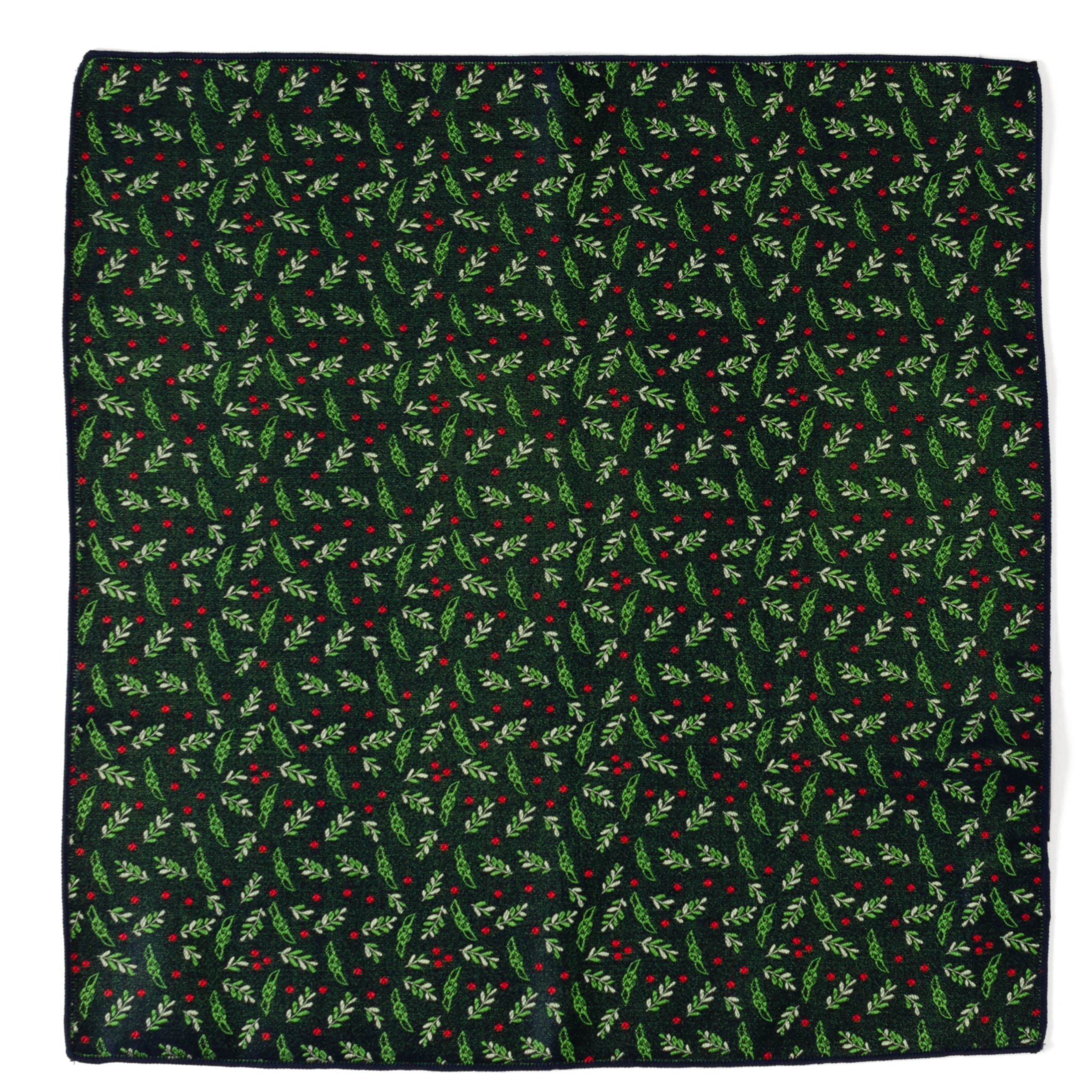 Navy blue silk pocket square featuring a repeating pattern of Grogu, green holly leaves, and red berries.