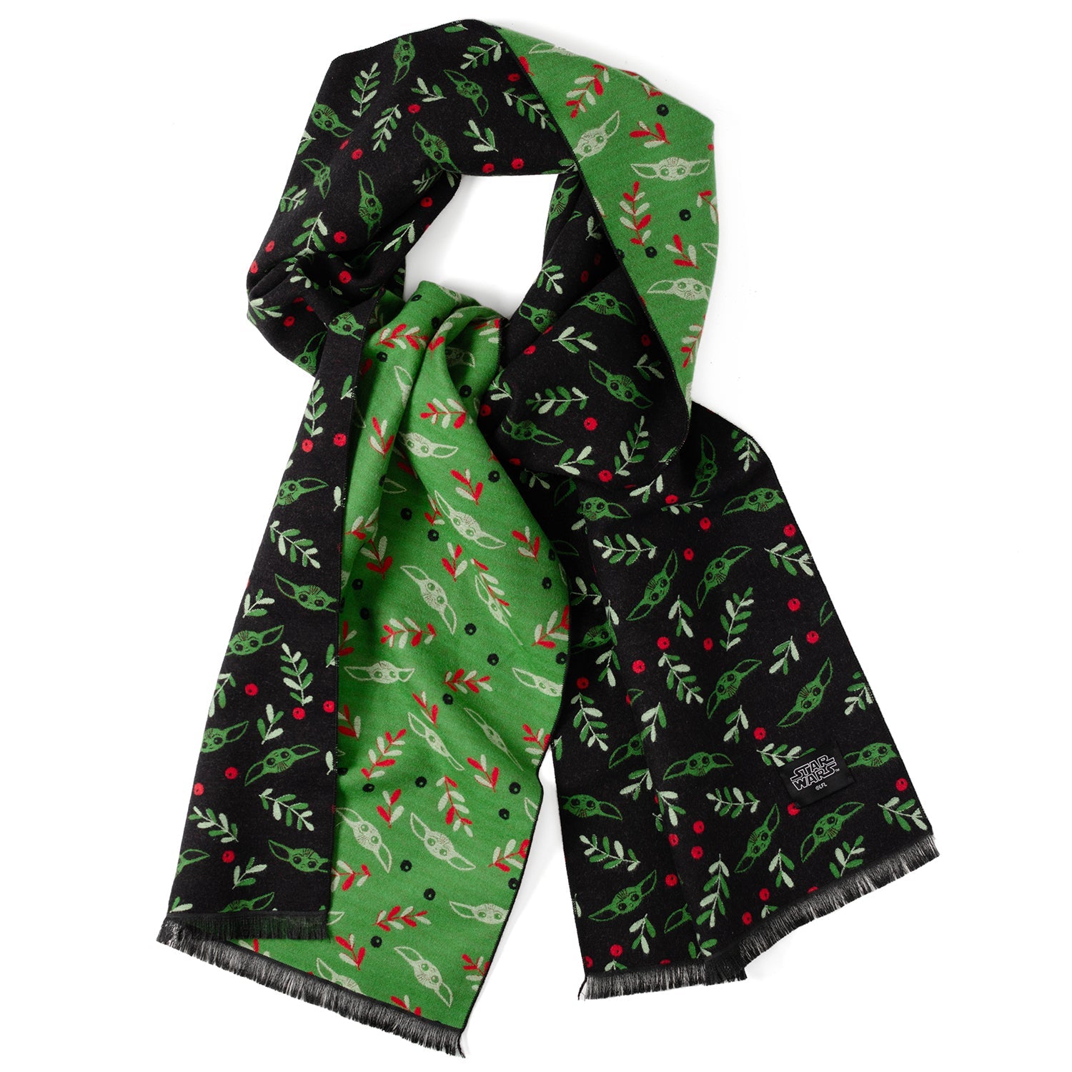 Star Wars Grogu themed holiday scarf in black and green Merino wool with a festive holly and berry pattern