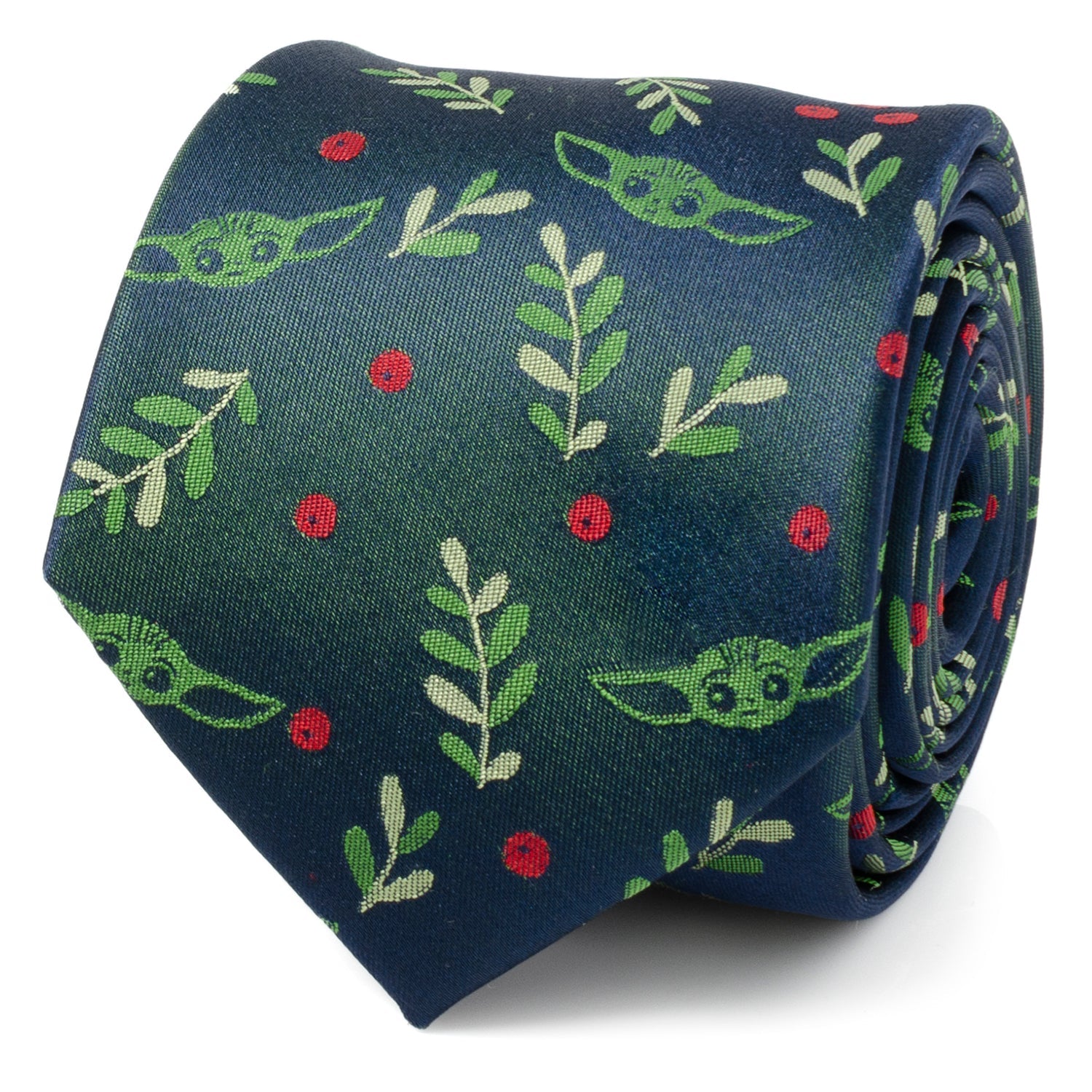 Close up of a navy blue necktie with a repeating pattern of Grogu from The Mandalorian, green holly leaves, and red berries.