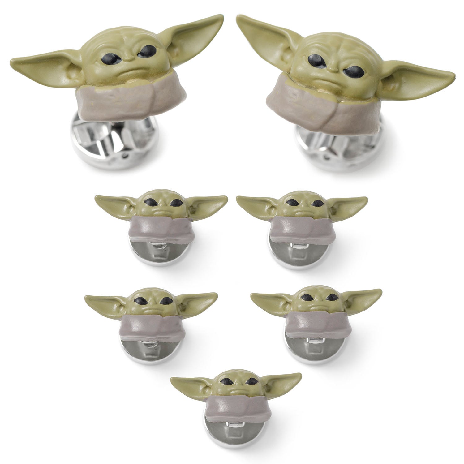 Star Wars Grogu 3D cufflinks and shirt studs set in plated base metal.