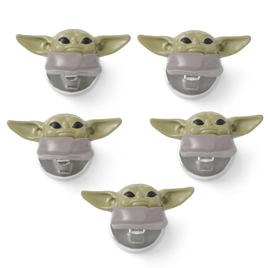 Set of five 3D Grogu button studs from Star Wars, showing his green face and large ears.