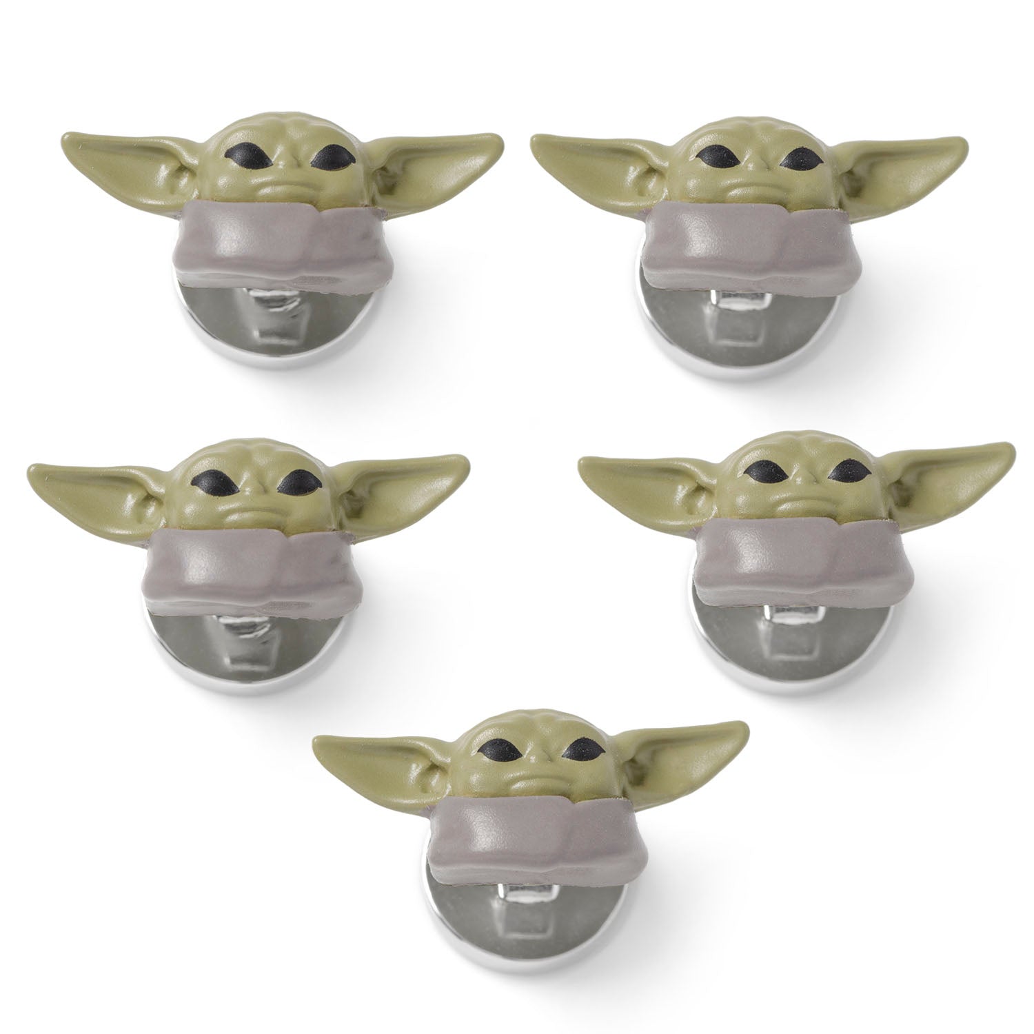 Set of five 3D Grogu button studs from Star Wars, showing his green face and large ears.