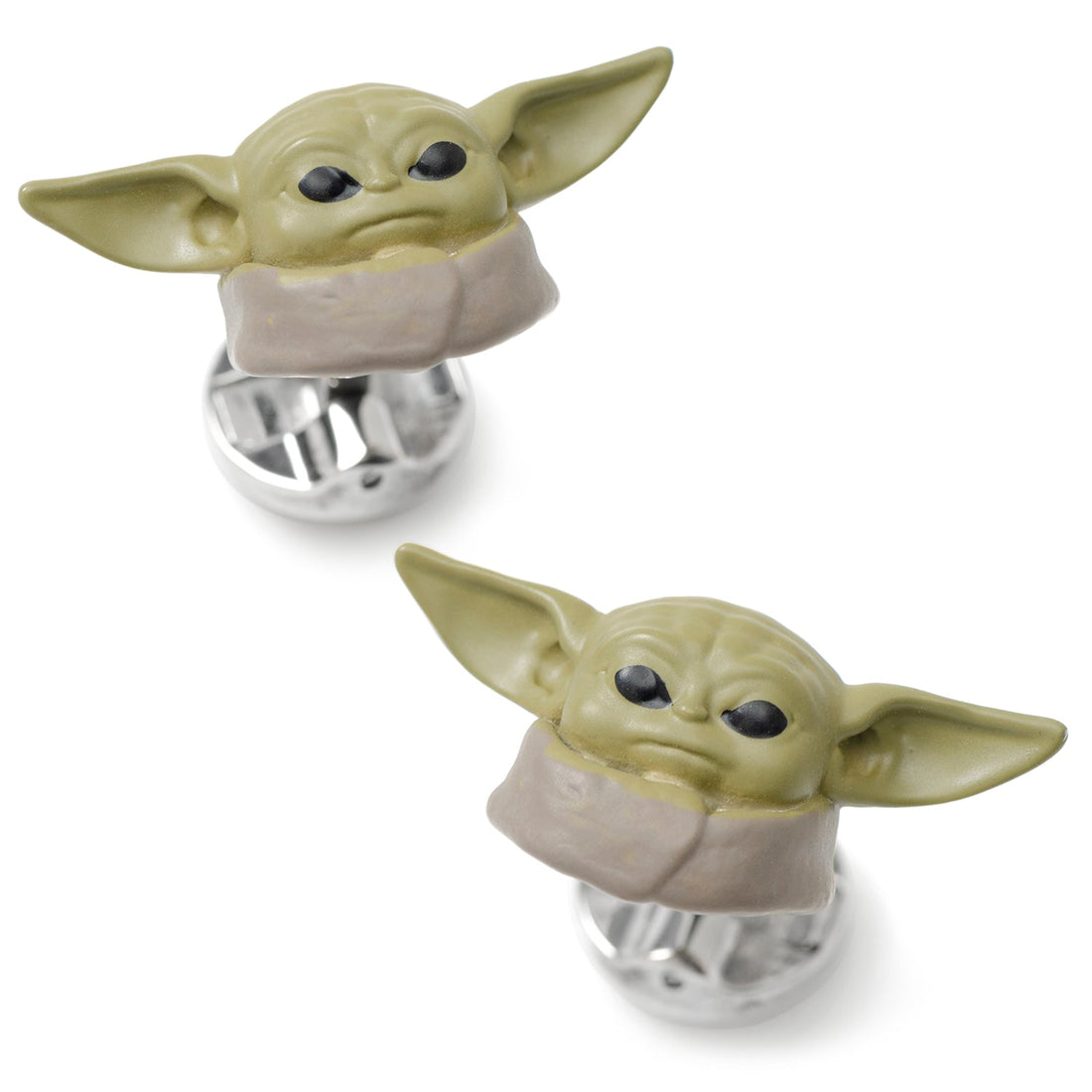 3D Grogu cufflinks featuring the character's face in green and tan with silver-tone hardware and Star Wars logo backing.