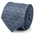 A blue silk necktie with a tonal pattern of Grogu from The Mandalorian, displayed on a mannequin and rolled up.