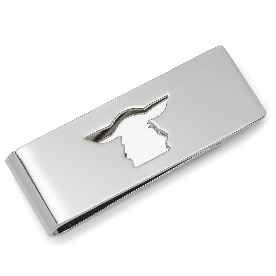 Silver tone metal money clip with Grogu cutout shape from Star Wars.