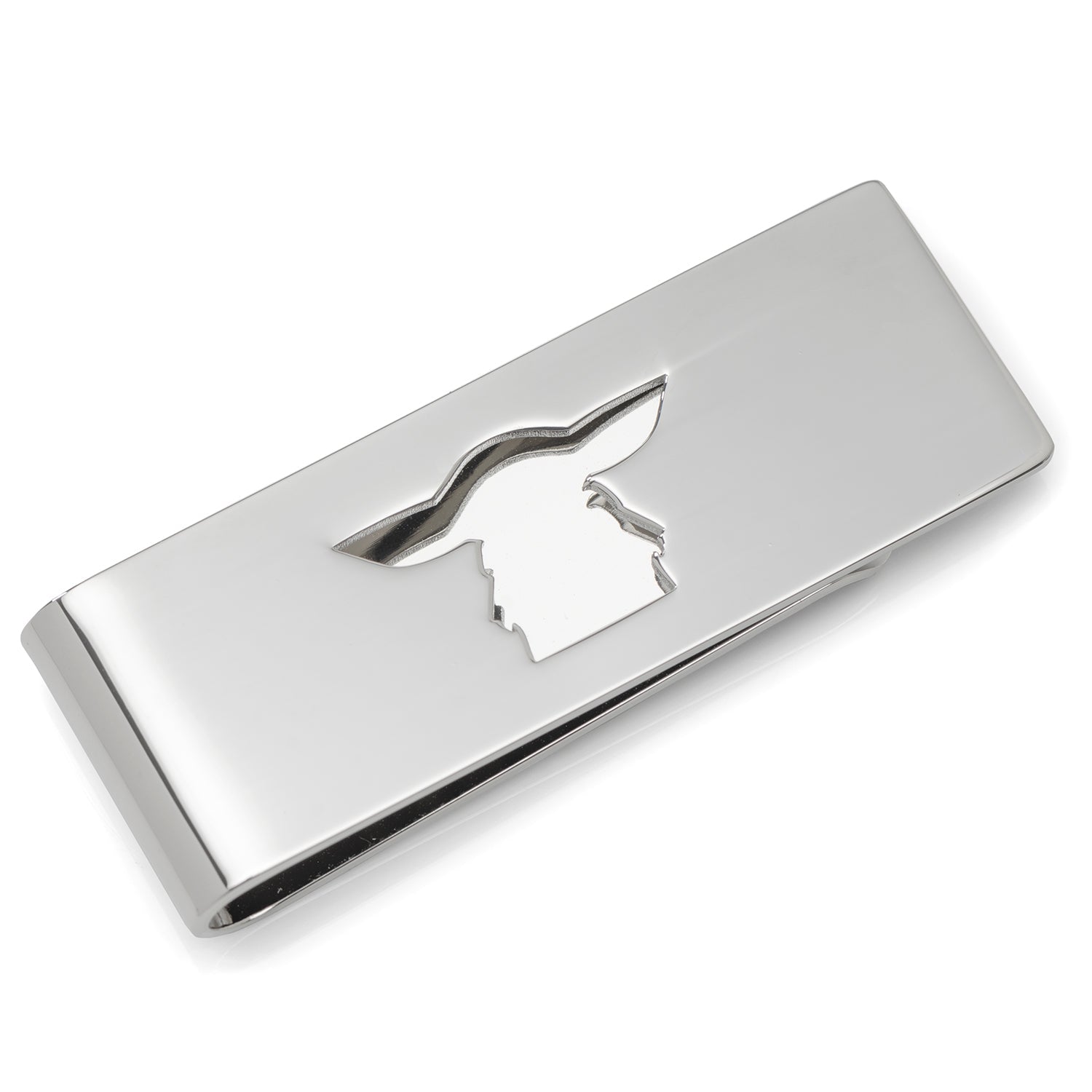 Silver tone metal money clip with Grogu cutout shape from Star Wars.