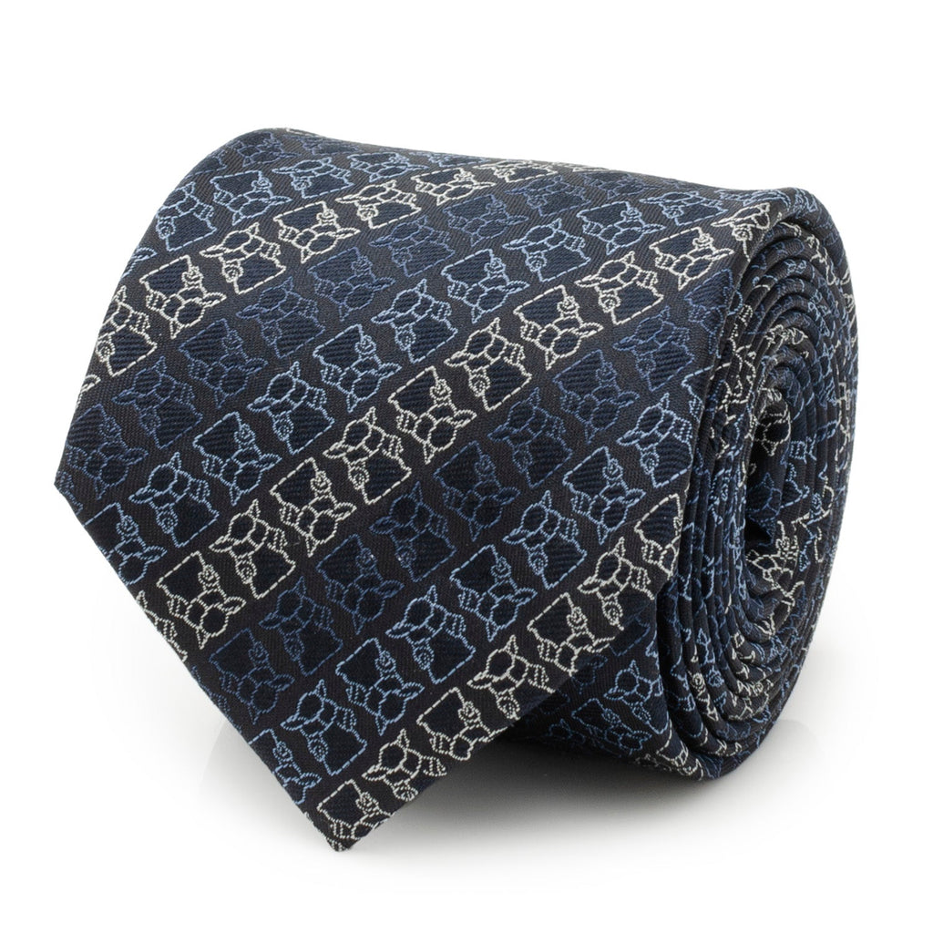 Close up of Star Wars Grogu navy silk tie with white stripe outline pattern