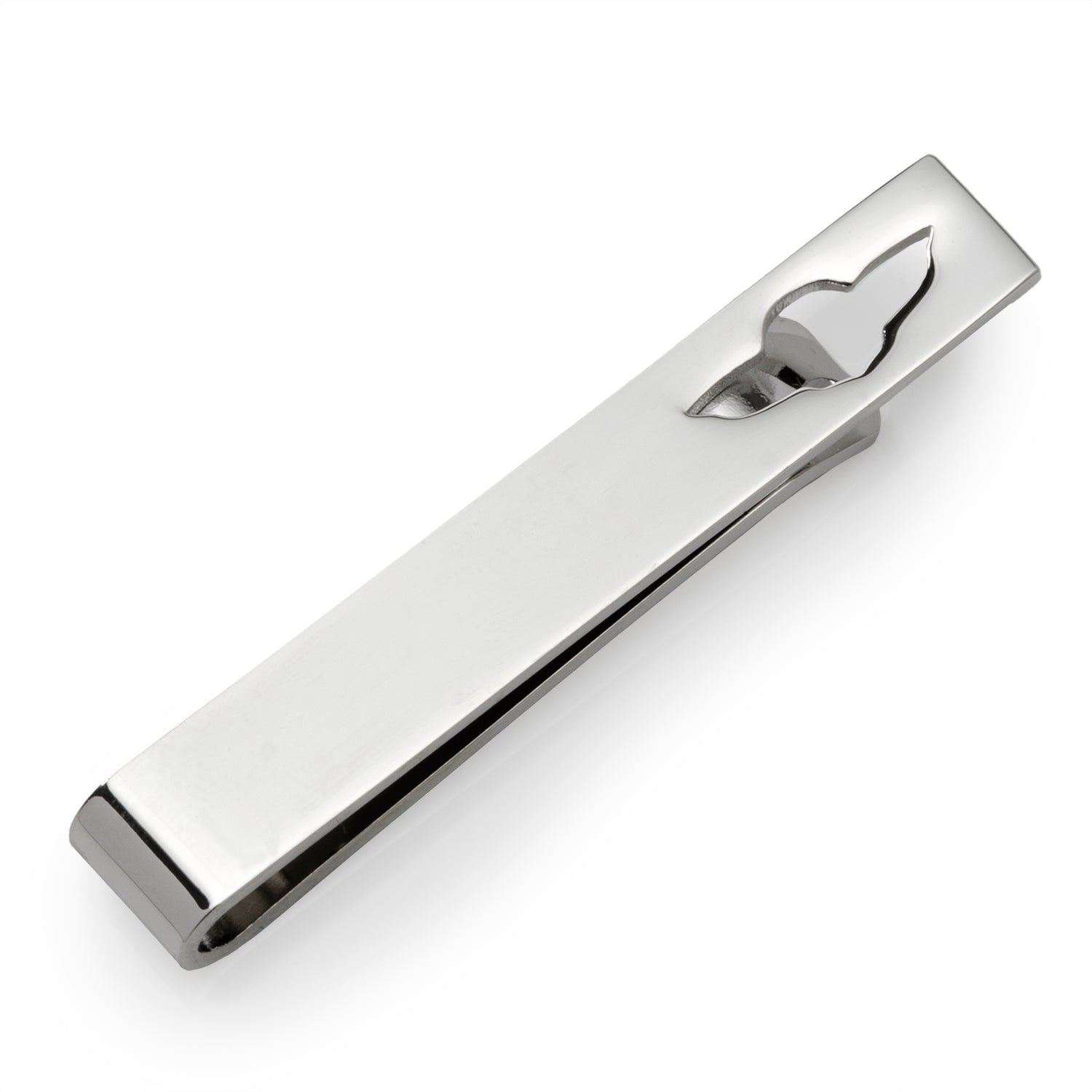 Silver tone tie bar featuring a cutout of Grogu from The Mandalorian on a blue necktie with Grogu pattern.