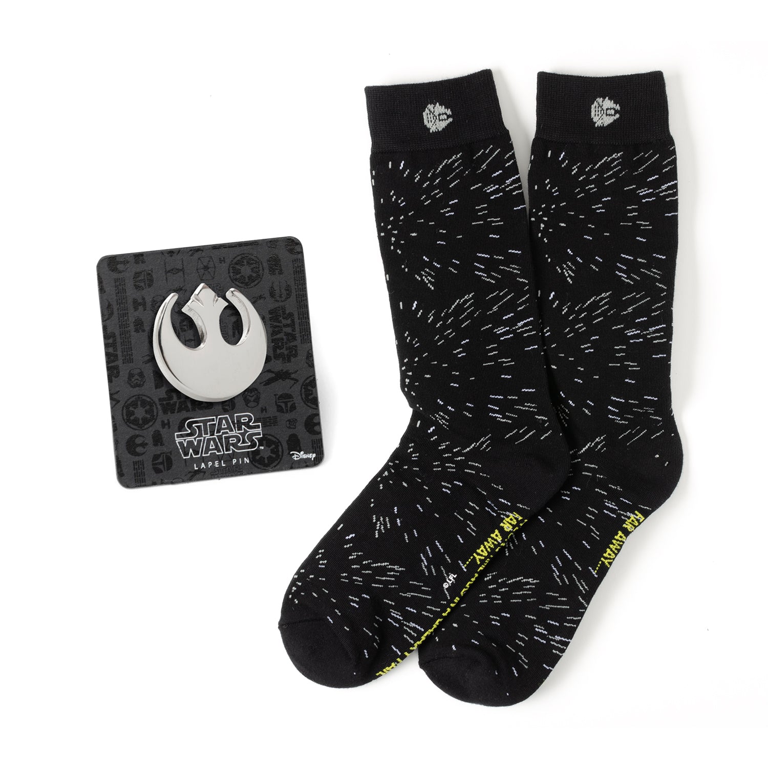 A gift set containing black crew socks with a white hyperspace pattern and a silver Rebel Alliance symbol lapel pin.