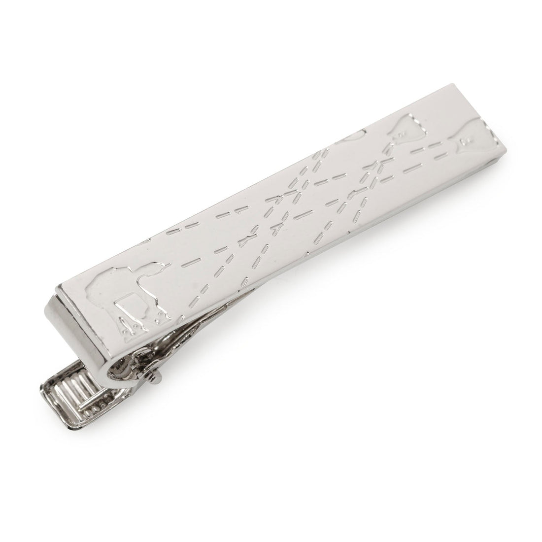 Polished silver Star Wars tie clip featuring an AT-AT and T-47 Airspeeder scene from the Battle of Hoth.
