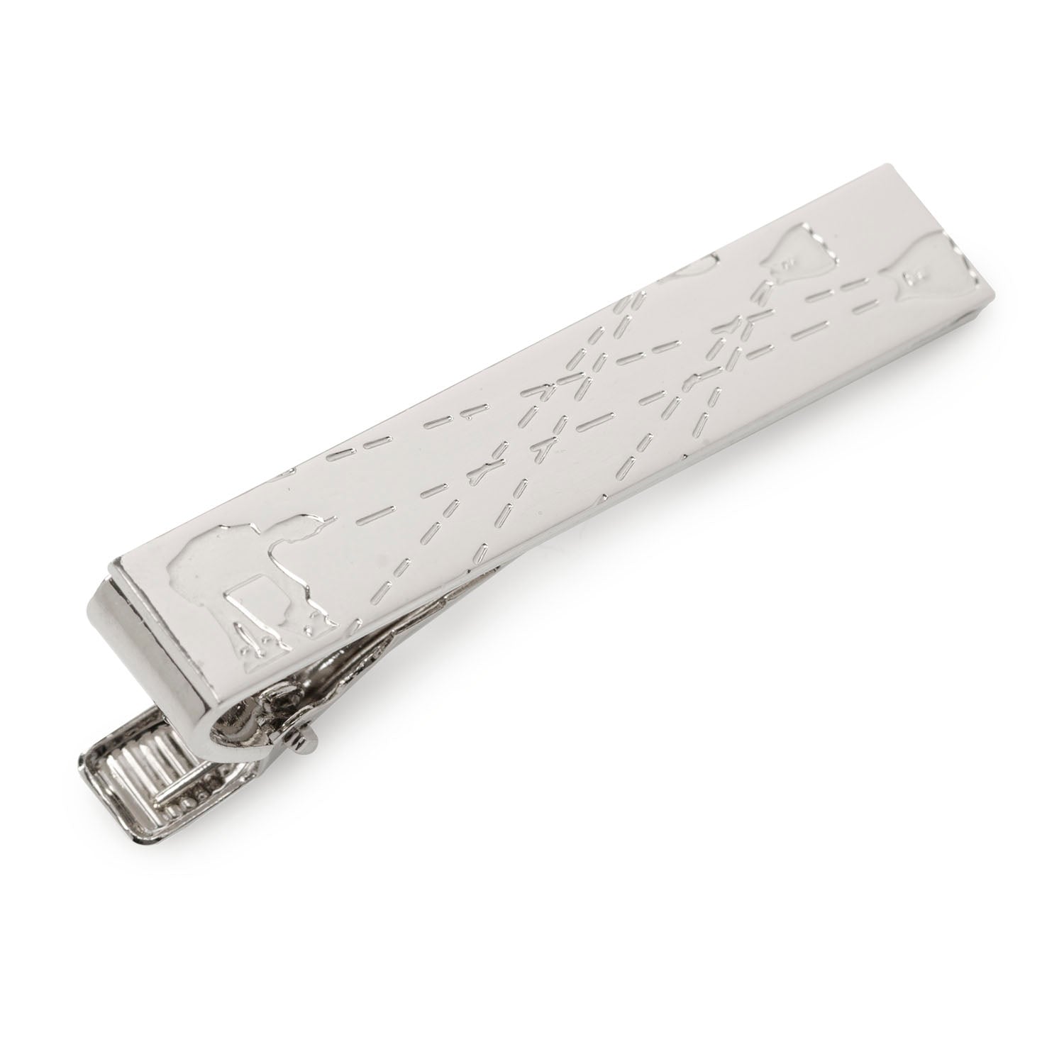 Polished silver Star Wars tie clip featuring an AT-AT and T-47 Airspeeder scene from the Battle of Hoth.