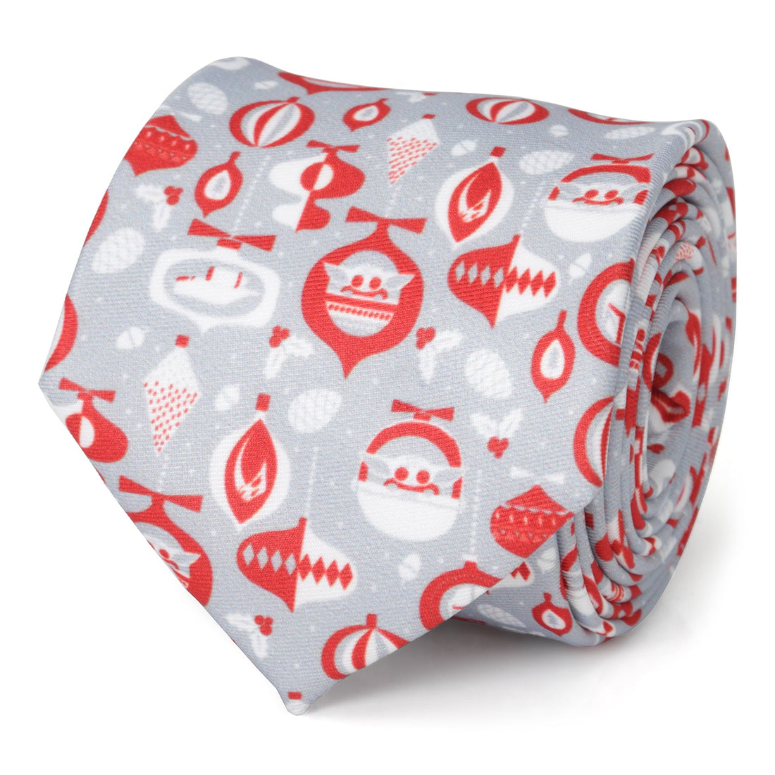 A gray necktie featuring a repeating red print of Star Wars Mandalorian holiday ornaments including Grogu and the Razorcrest ship.