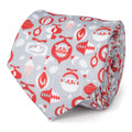 A gray necktie featuring a repeating red print of Star Wars Mandalorian holiday ornaments including Grogu and the Razorcrest ship.