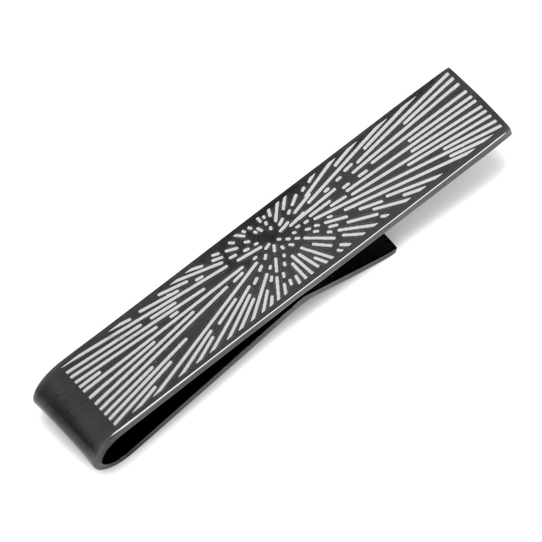 A metallic tie bar with a Star Wars hyperspace design on a grey necktie
