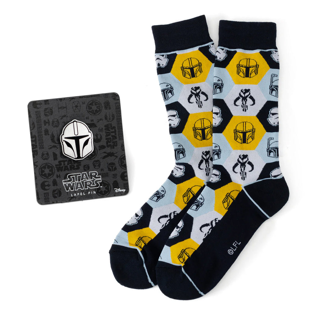 Star Wars Mandalorian themed crew socks in navy, yellow, and light blue with a matching metal helmet lapel pin.