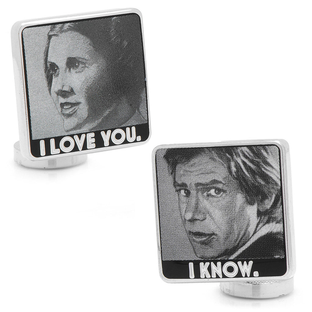 Star Wars themed cufflinks featuring Princess Leia saying I love you and Han Solo saying I know in black and white print