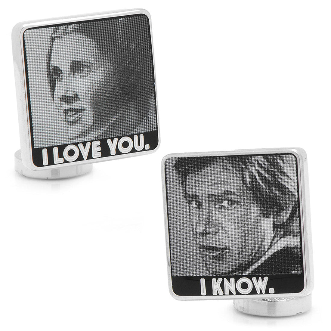 Star Wars themed cufflinks featuring Princess Leia saying I love you and Han Solo saying I know in black and white print
