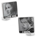 Star Wars themed cufflinks featuring Princess Leia saying I love you and Han Solo saying I know in black and white print