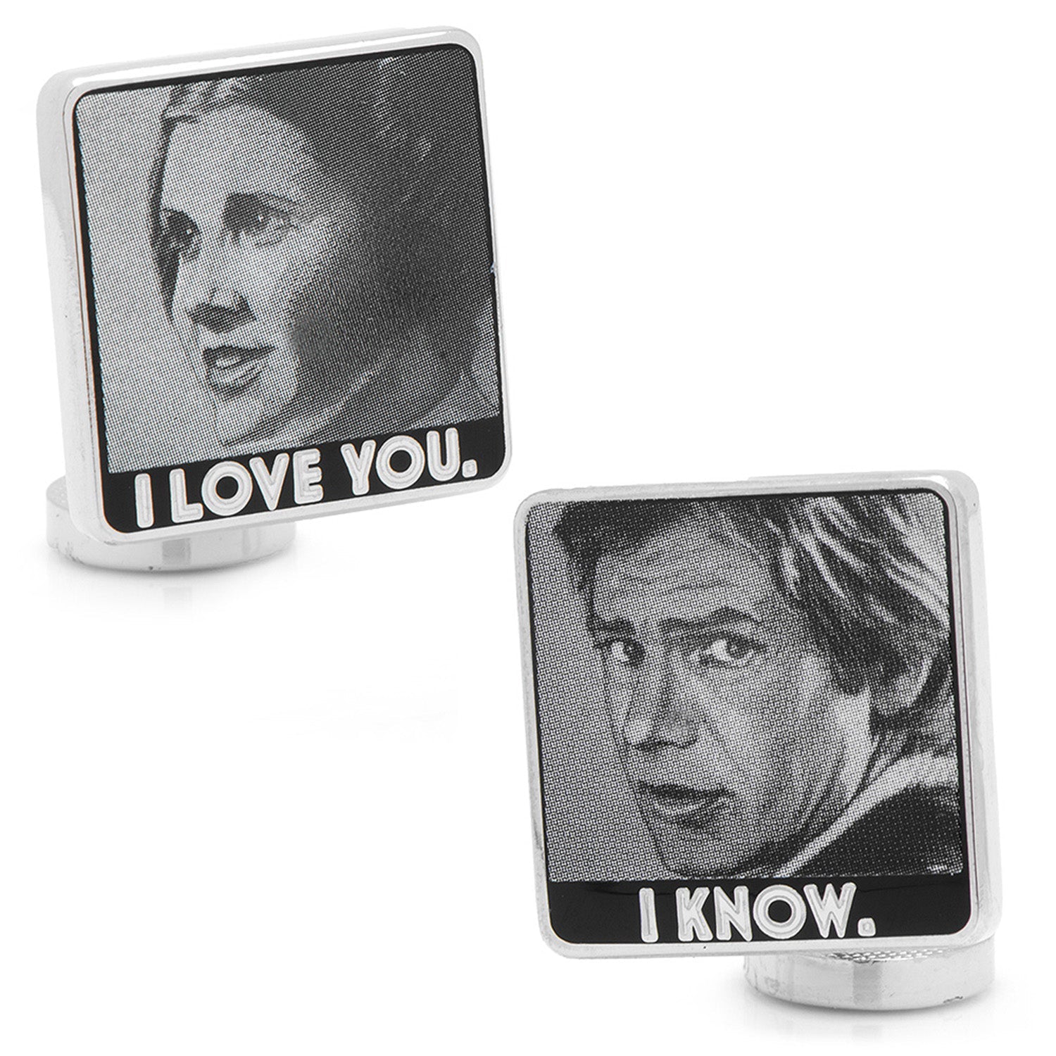 Star Wars themed cufflinks featuring Princess Leia saying I love you and Han Solo saying I know in black and white print