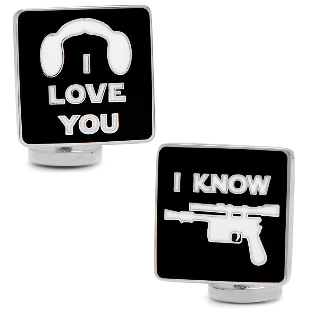 Star Wars themed cufflinks featuring I Love You and I Know text design