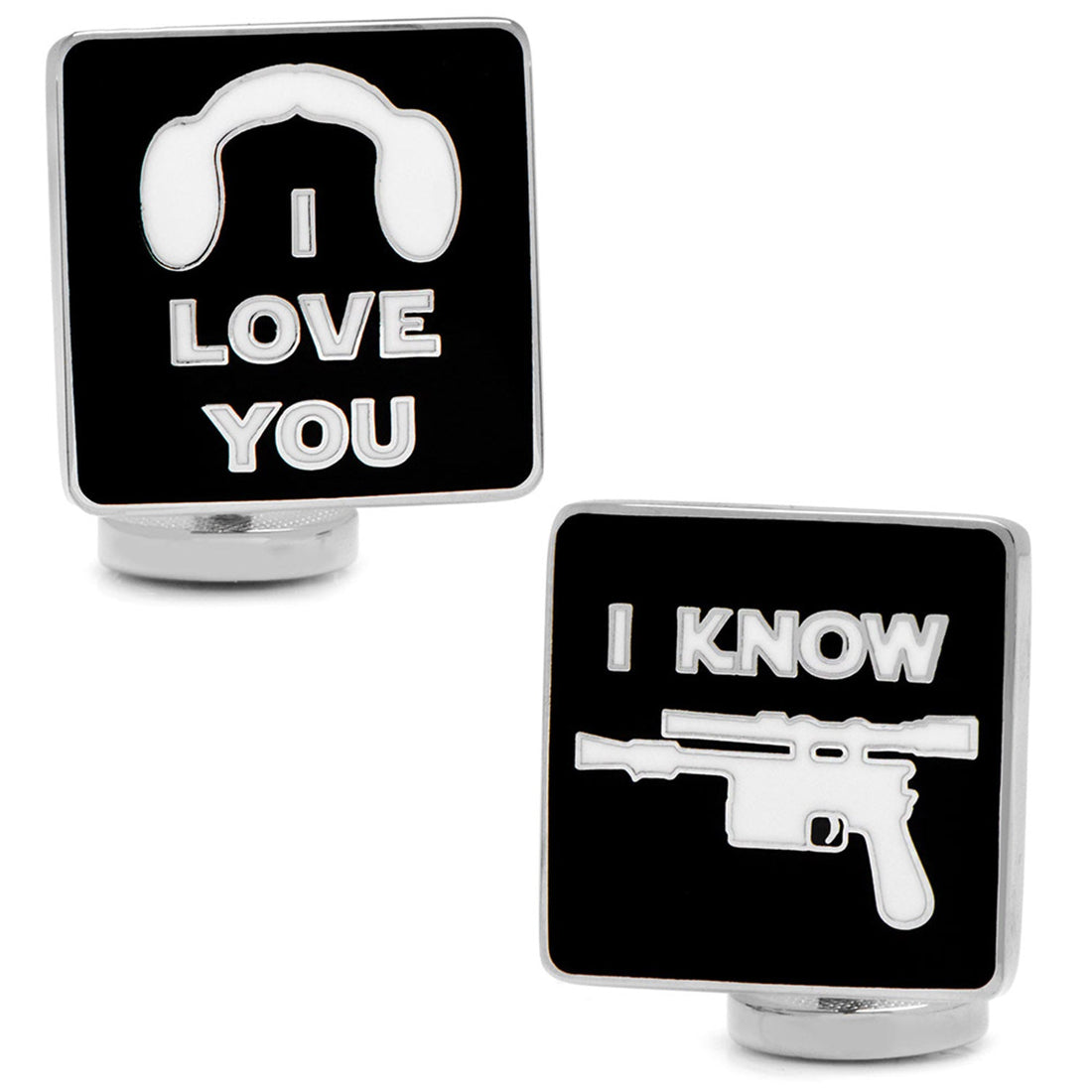 Star Wars themed cufflinks featuring I Love You and I Know text design