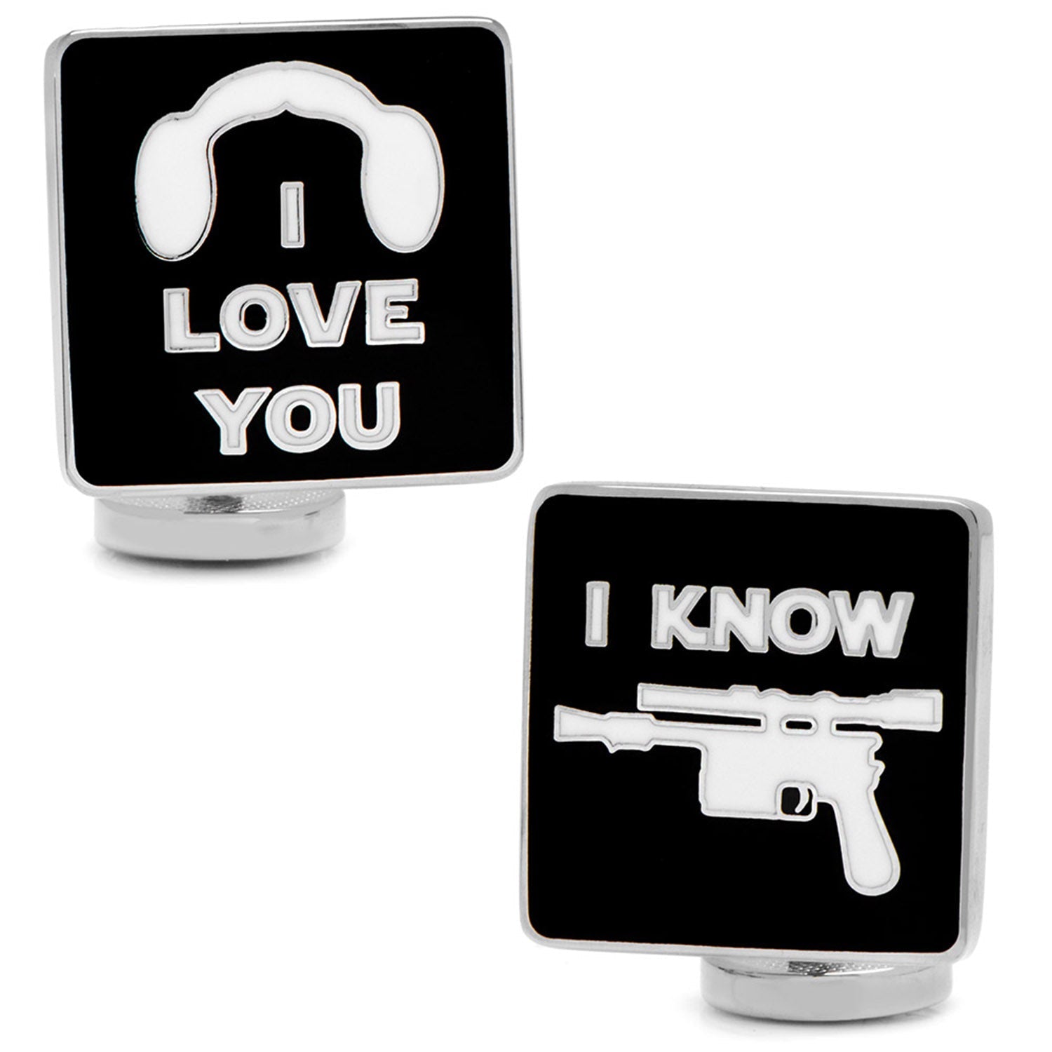 Star Wars themed cufflinks featuring I Love You and I Know text design