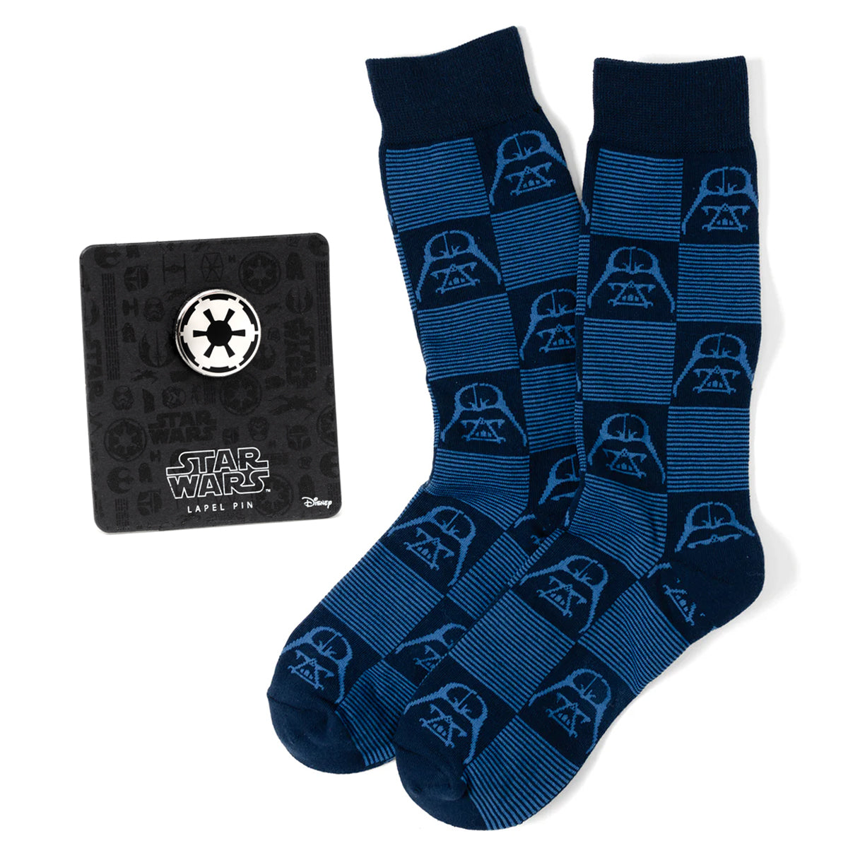 Star Wars Darth Vader navy and black checkered crew socks with matching metal imperial crest lapel pin