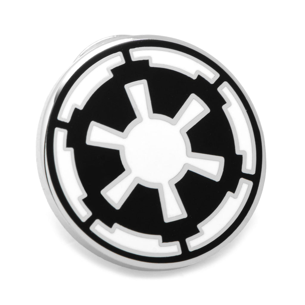 Close up of Star Wars Imperial Crest lapel pin in black and white finish.