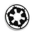 Close up of Star Wars Imperial Crest lapel pin in black and white finish.