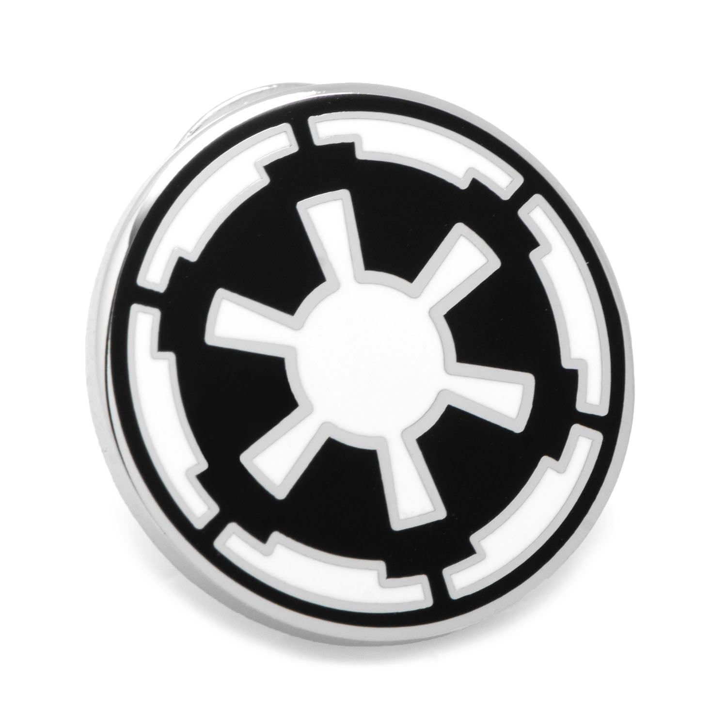 Close up of Star Wars Imperial Crest lapel pin in black and white finish.