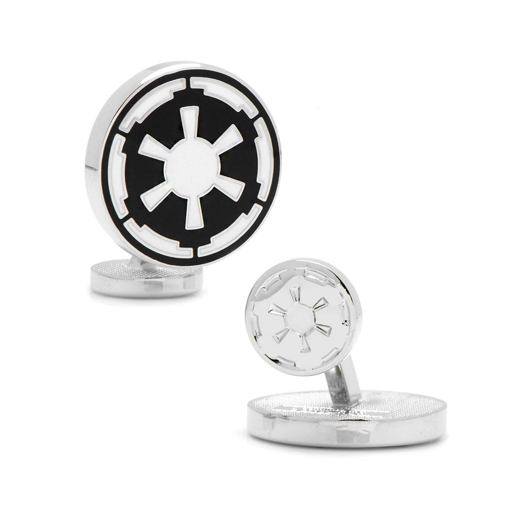 A pair of round silver and black Star Wars Imperial Crest cufflinks on a white background.