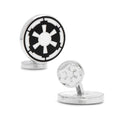 A pair of round silver and black Star Wars Imperial Crest cufflinks on a white background.