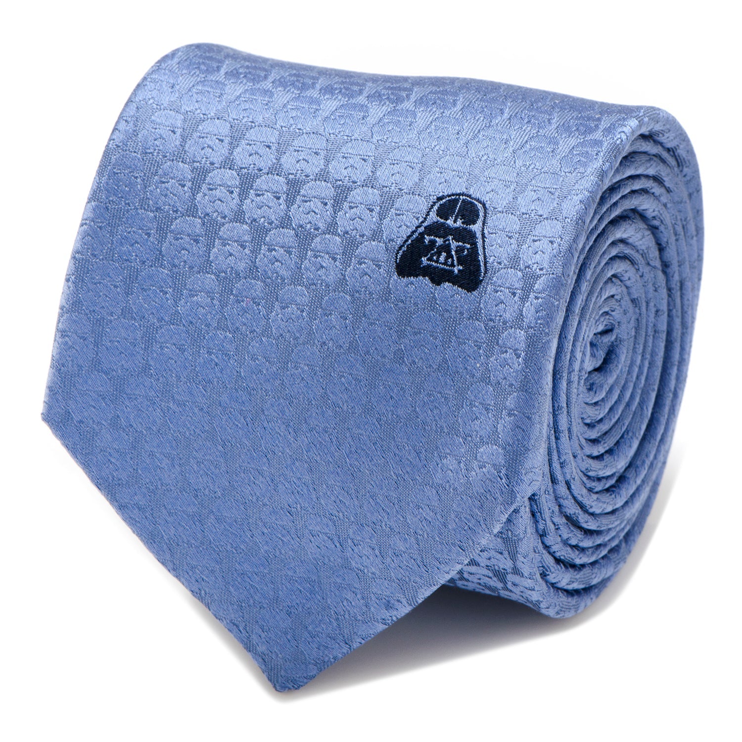A blue silk necktie featuring a repeating tonal Stormtrooper helmet pattern and an embroidered black Darth Vader helmet.