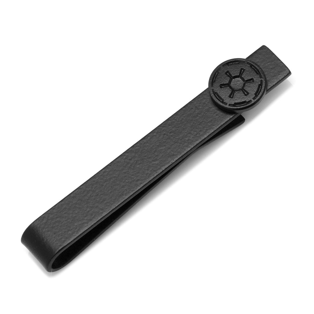 Close up of a black metal Star Wars Imperial Crest tie bar with a satin finish