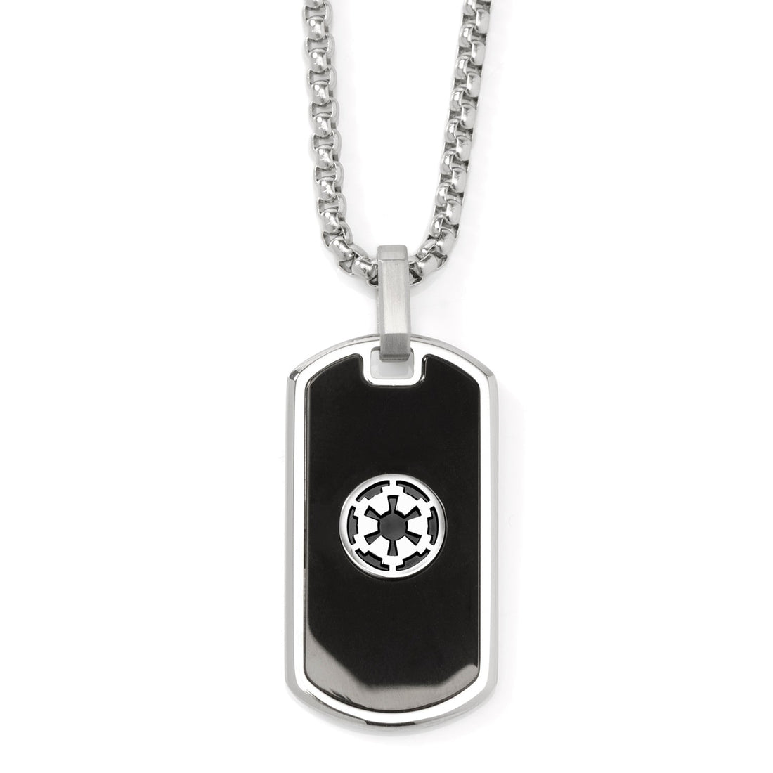 Silver-tone dog tag necklace featuring the Imperial crest in silver on a black enamel background with a box chain.