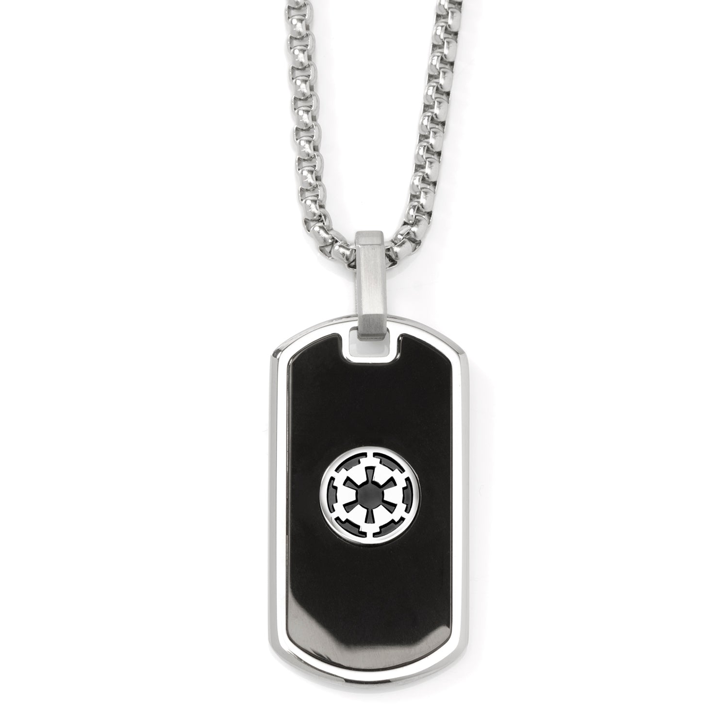 Silver-tone dog tag necklace featuring the Imperial crest in silver on a black enamel background with a box chain.