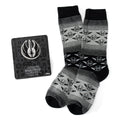 Star Wars gift set including gray and black ombre pattern crew socks with Yoda print and a Jedi crest lapel pin.