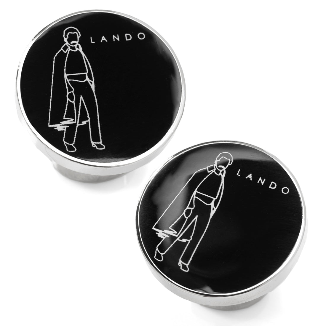 Close up of black and white Lando Calrissian enamel cufflinks with Star Wars logo backing.