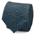 A rolled-up deep blue tie featuring a repeating Star Wars logo pattern and light blue dots against a white background.