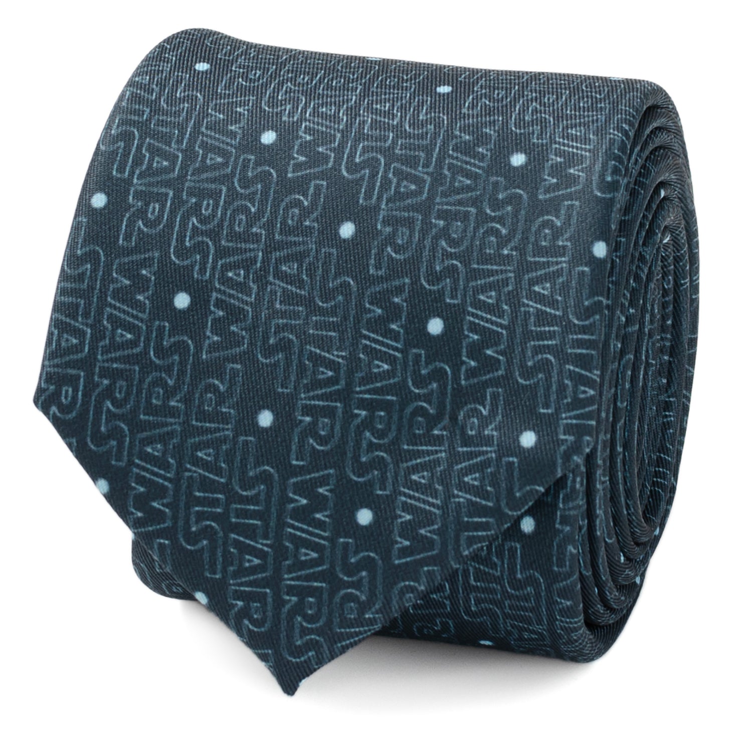 A rolled-up deep blue tie featuring a repeating Star Wars logo pattern and light blue dots against a white background.