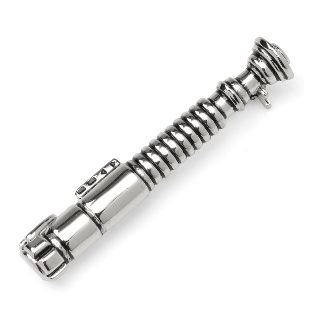 A detailed 3D silver-tone Luke Skywalker lightsaber lapel pin resting on a grey suit jacket lapel.