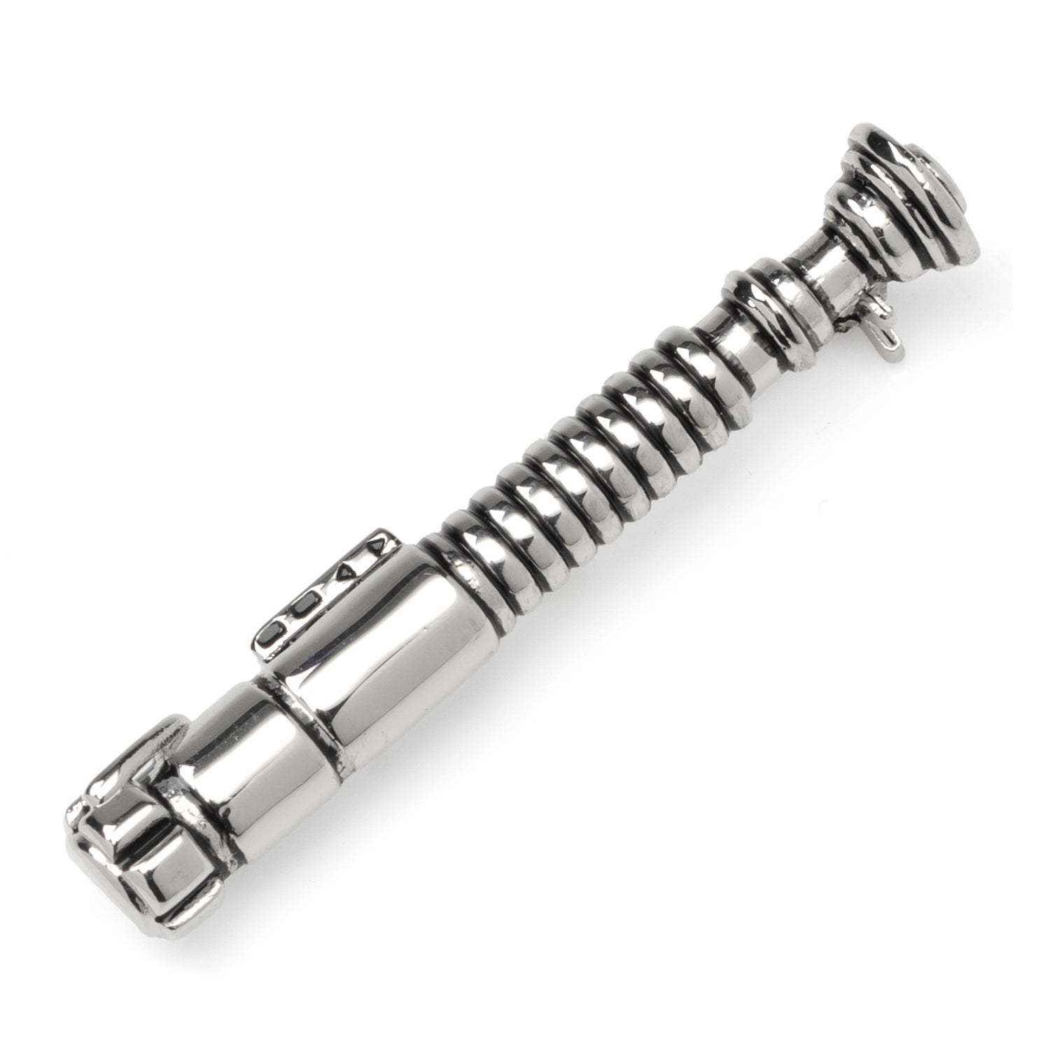 A detailed 3D silver-tone Luke Skywalker lightsaber lapel pin resting on a grey suit jacket lapel.