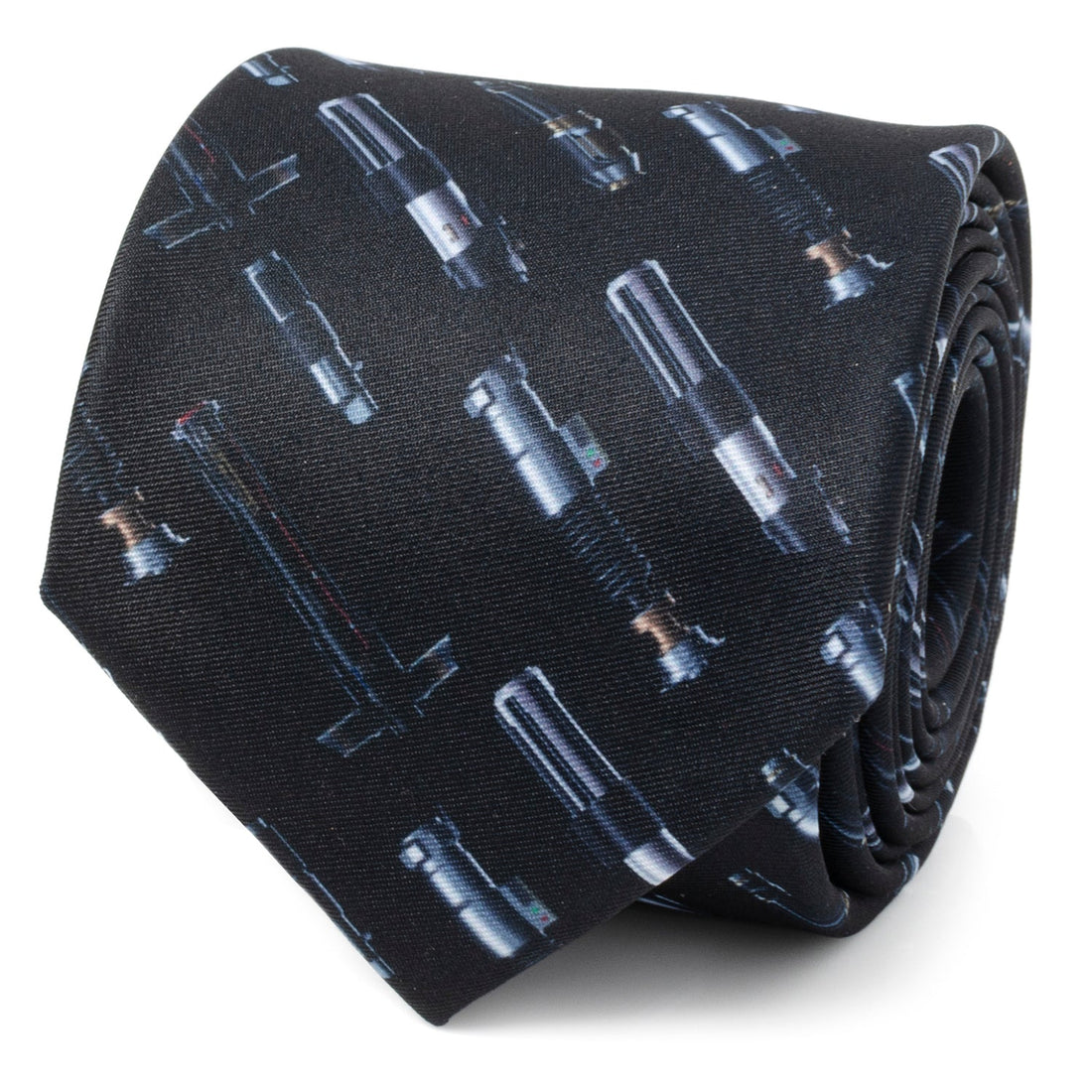 Close up of a black necktie featuring a repeating print of various Star Wars lightsaber hilts.