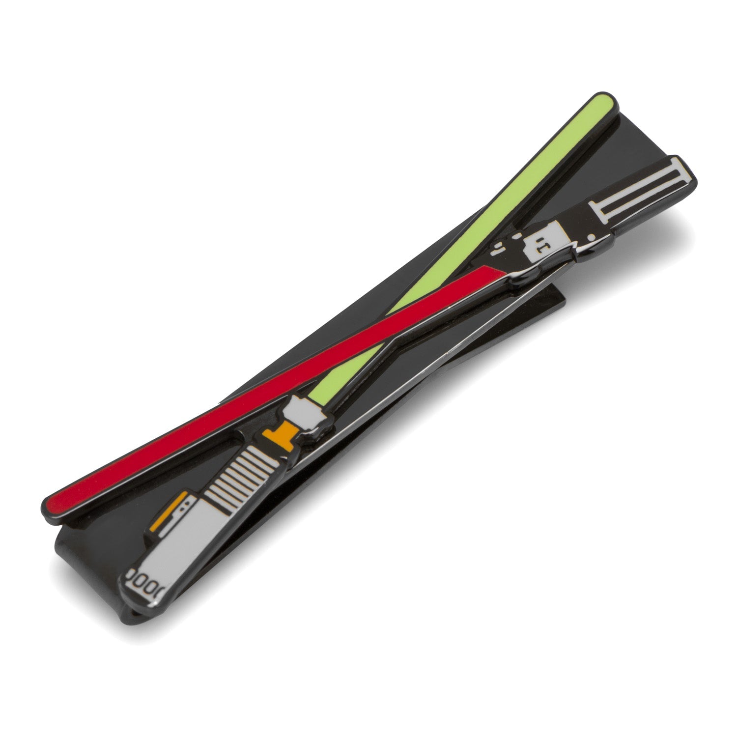 A black plated tie bar featuring crossed red and green lightsabers representing Darth Vader and Luke Skywalker.