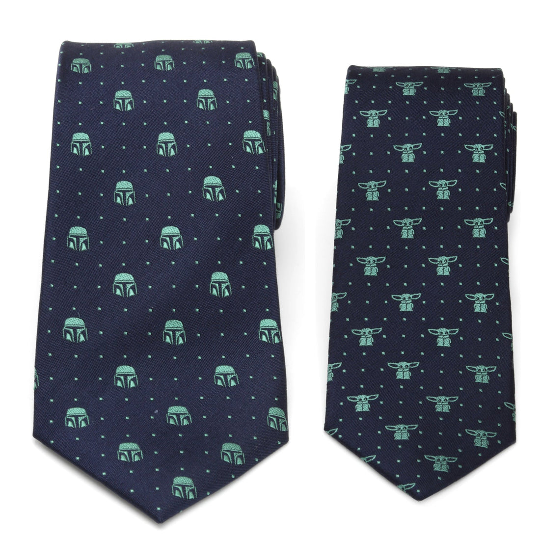 A navy blue men's tie with Mandalorian helmet patterns next to a matching smaller navy blue boys' tie with Grogu patterns.