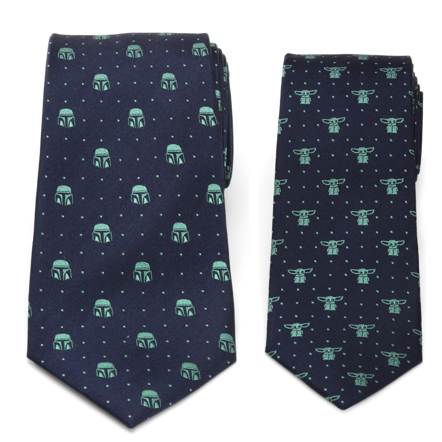 A navy blue men's tie with Mandalorian helmet patterns next to a matching smaller navy blue boys' tie with Grogu patterns.