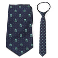 Father and son Star Wars themed zipper neckties in navy blue with Mandalorian and Grogu motifs.