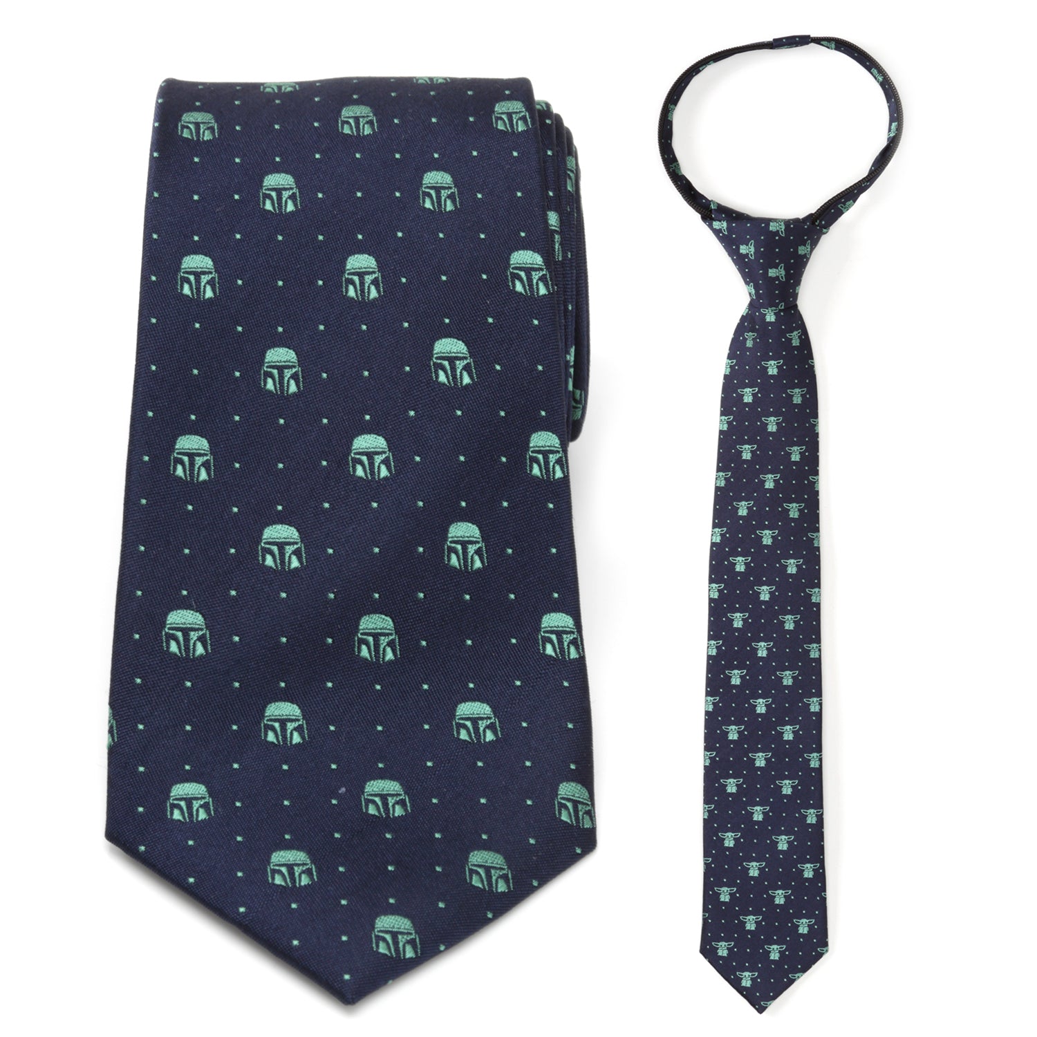 Father and son Star Wars themed zipper neckties in navy blue with Mandalorian and Grogu motifs.