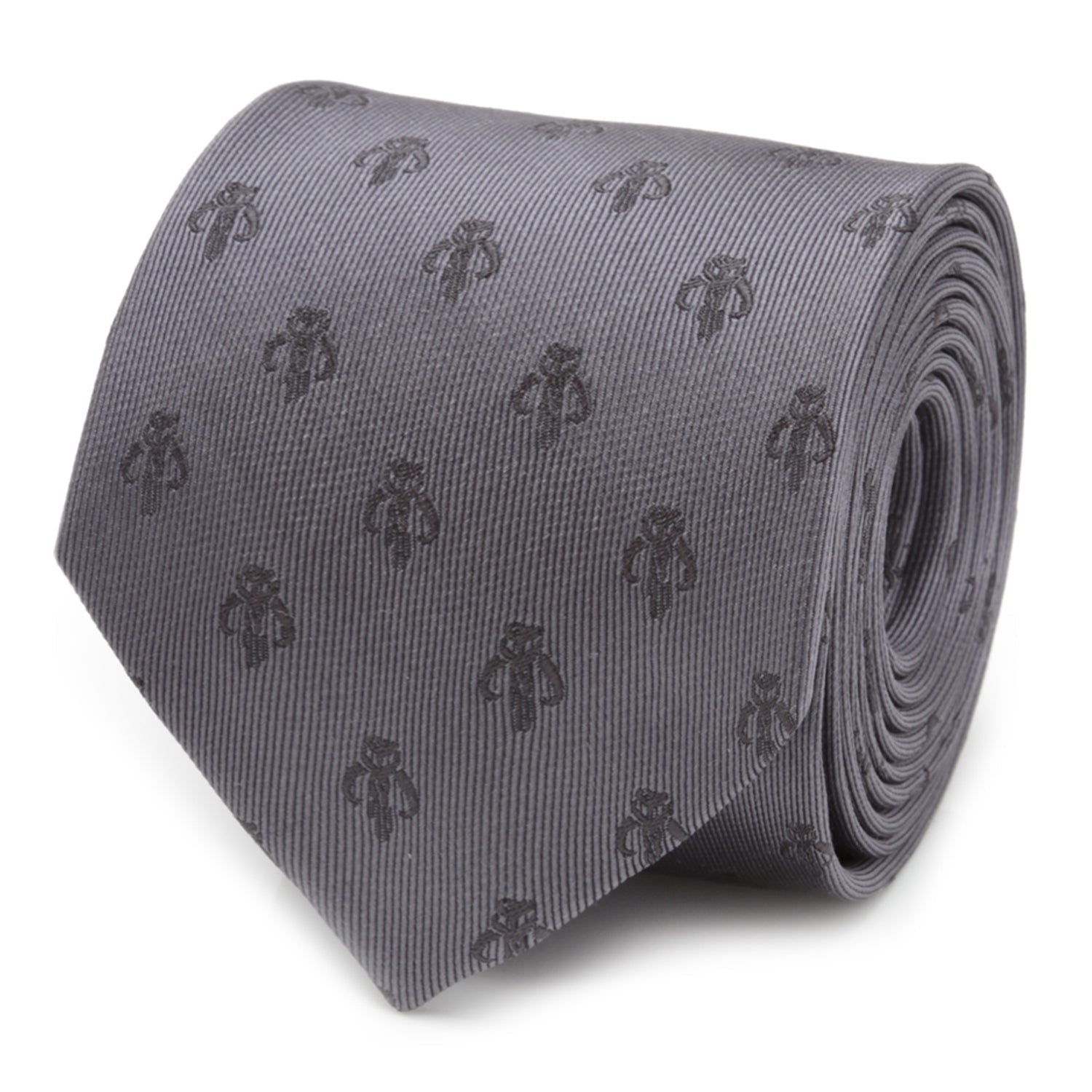 A close-up view of a slate gray silk tie featuring a repeating dark gray Mandalorian Mythosaur skull pattern.