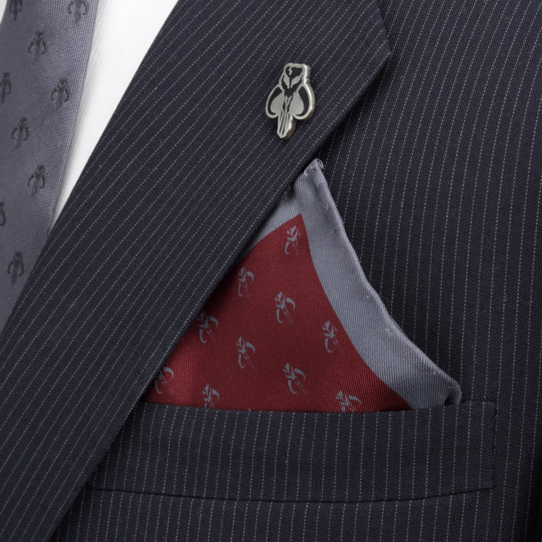 Star Wars Mandalorian Guild Logo Silk Pocket Square Gray Burgundy - Image 4